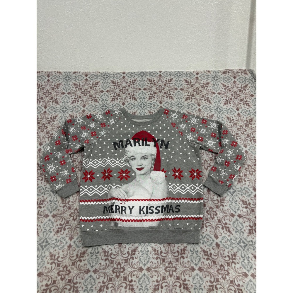 Marilyn Monroe Merry Kissmas Holiday Sweatshirt Gray Red Fair Isle Size L